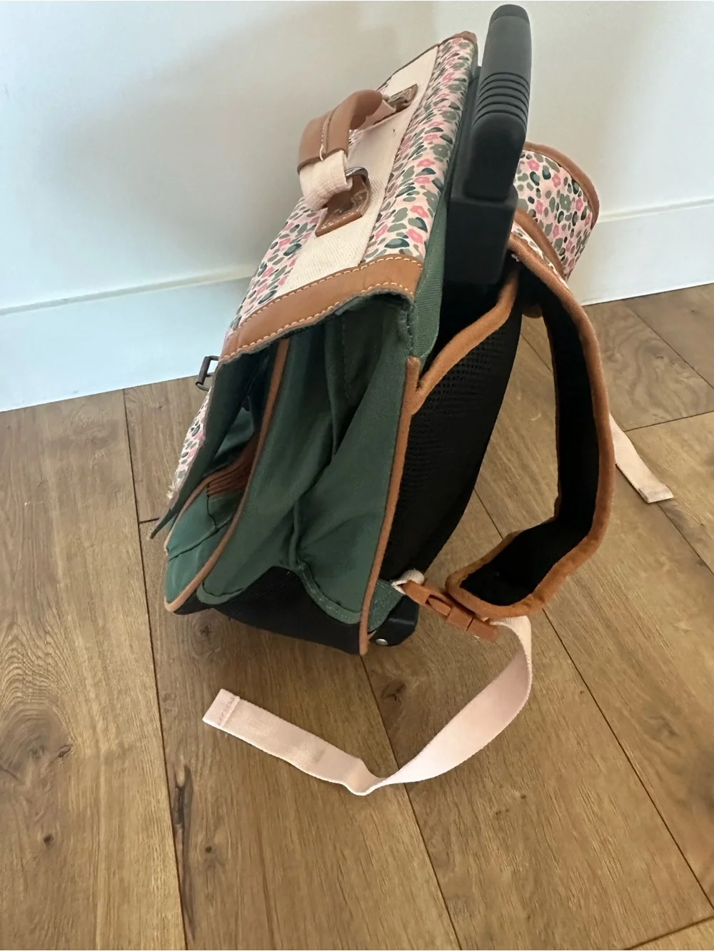 Tann’s Green and Pink Floral Rolling School Satchel Trolley backpack